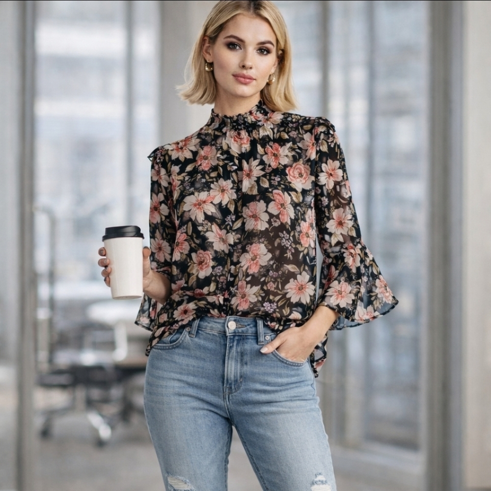 Floral sheer boho gathered mock neck flowy ruffle shimmer wide sleeve M - Picture 2 of 16